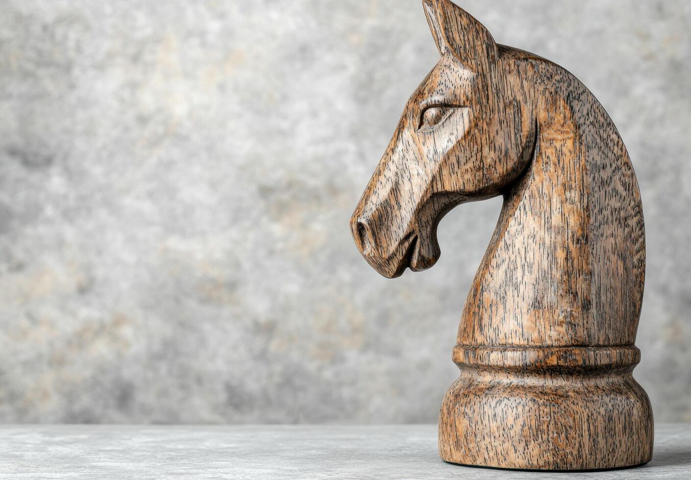 Carved wooden horse figure on gray background photo