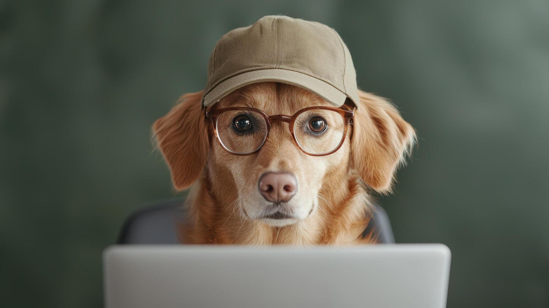 dog wearing glasses and cap working on laptop photo