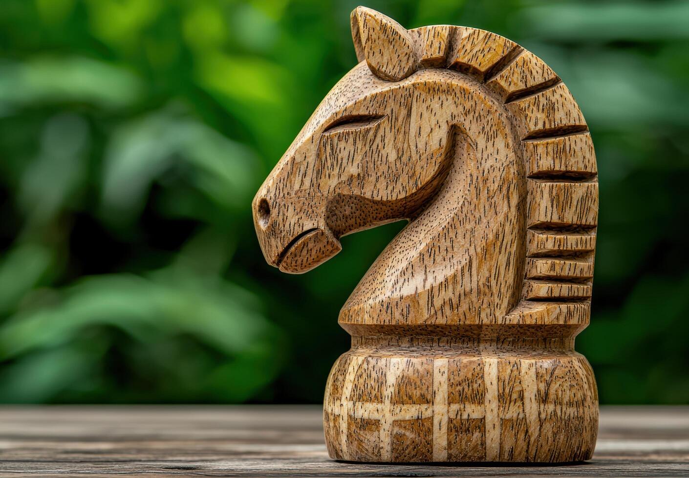 Carved wooden horse figurine on rustic table photo
