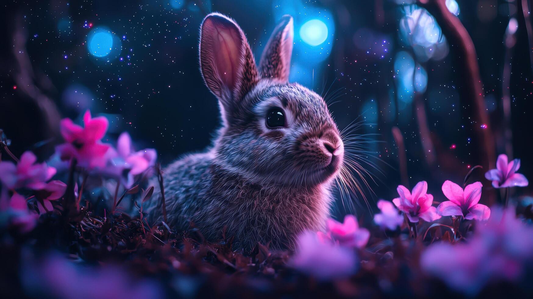 Magical night rabbit in a fantasy forest photo
