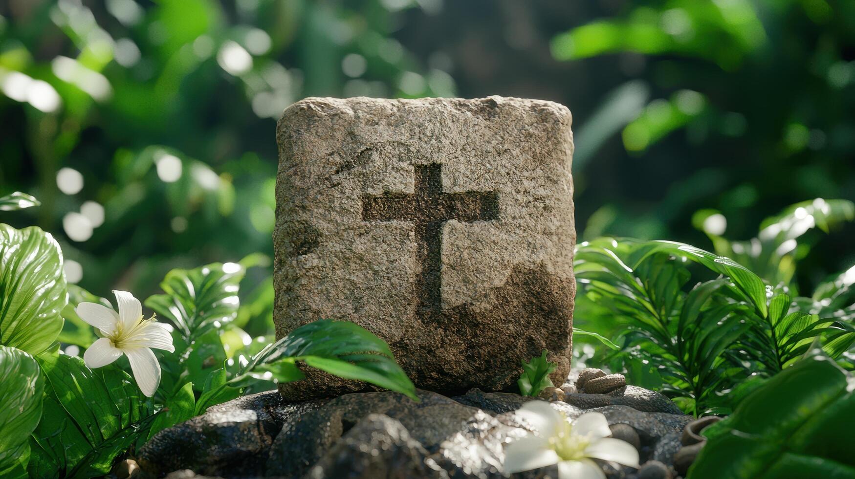 Cross on a stone in a lush green garden photo