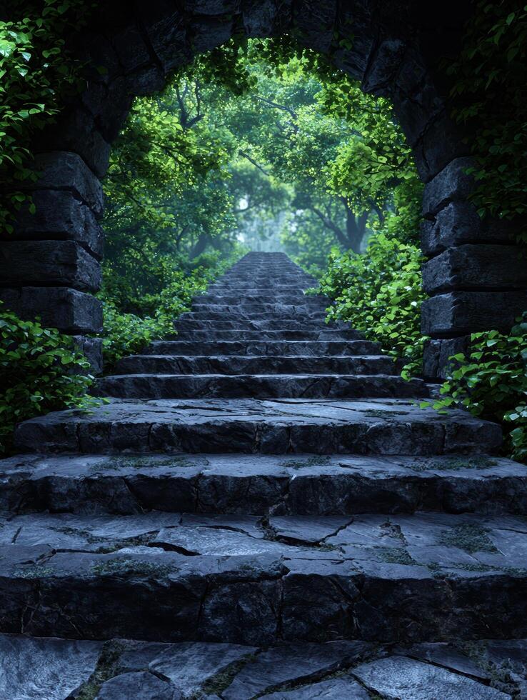 Mysterious stone staircase leading through lush green foliage photo