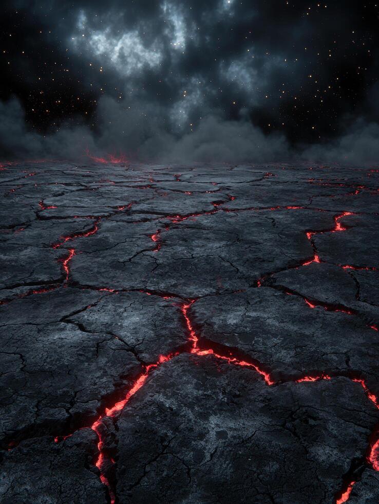 Glowing lava cracks in a dark, starry night photo