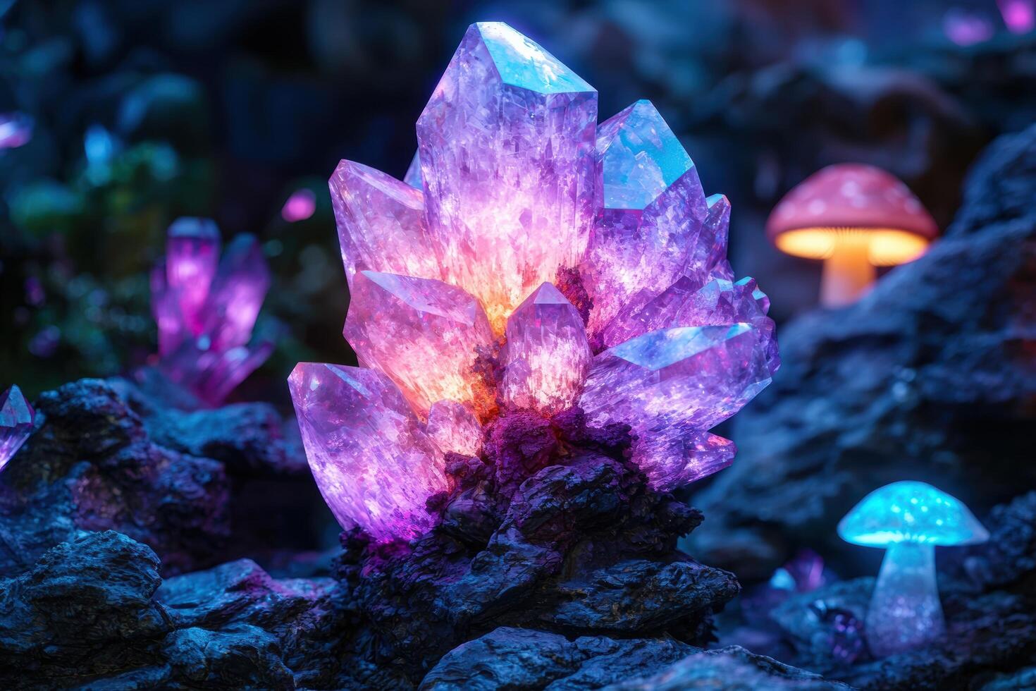 Glowing amethyst crystal cluster in a fantasy mushroom forest photo