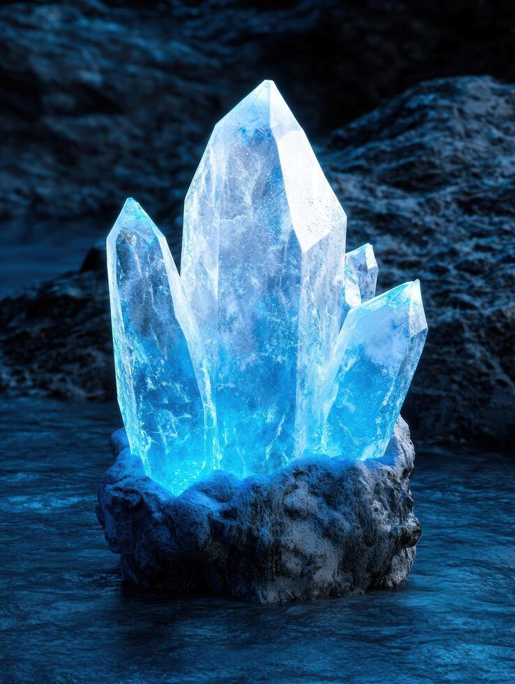 Glowing crystal cluster in dark blue environment photo