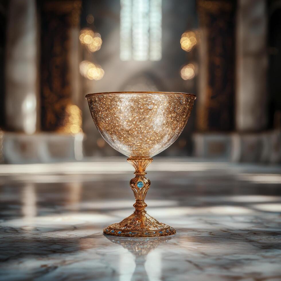 Ornate golden chalice reflecting in water photo