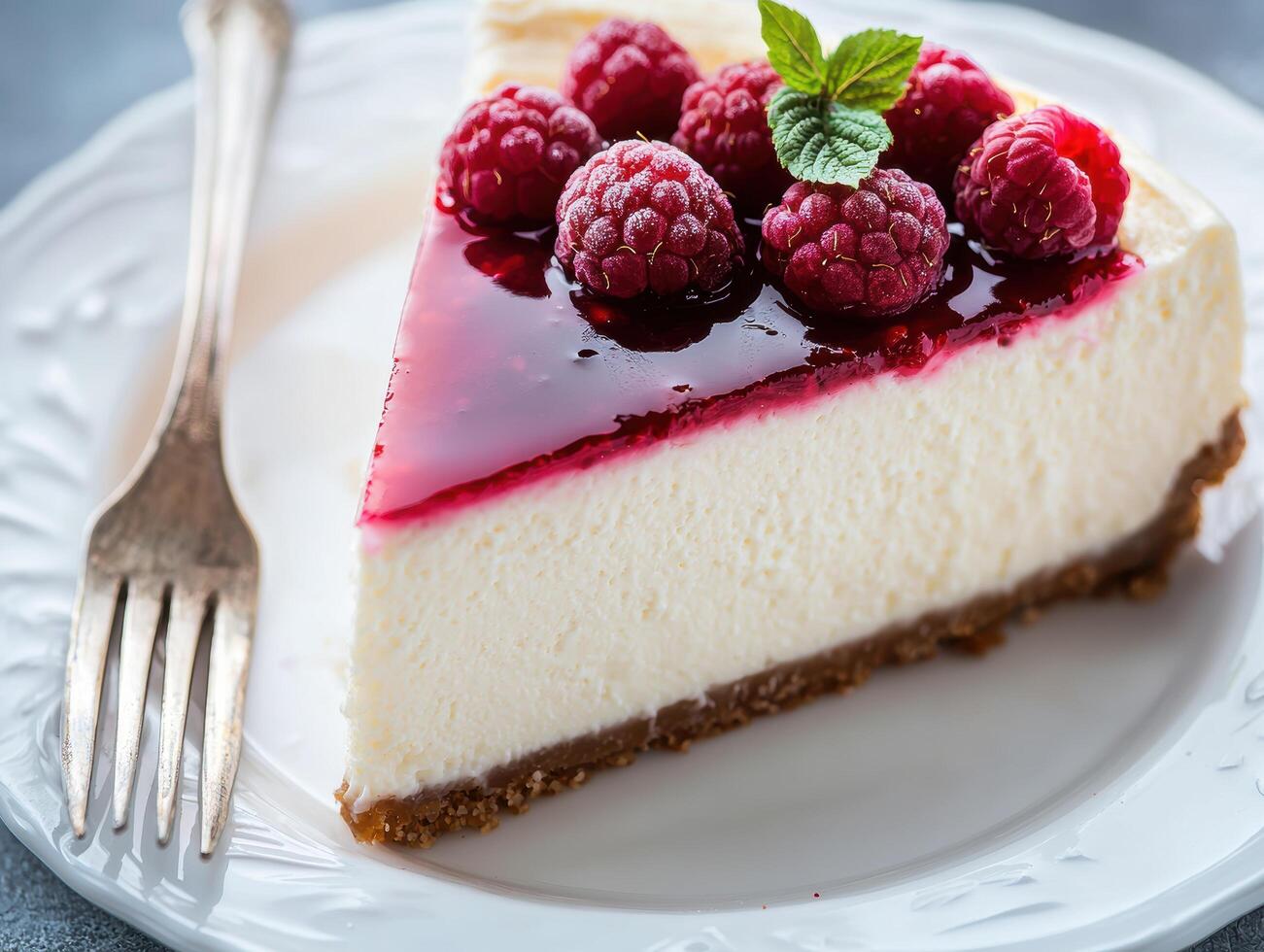 Delicious raspberry cheesecake with fresh raspberries photo