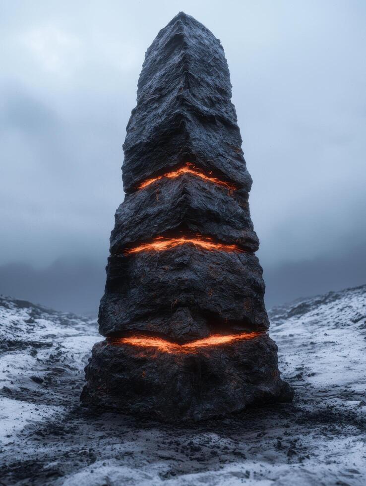 Mysterious glowing rock formation in snowy landscape photo