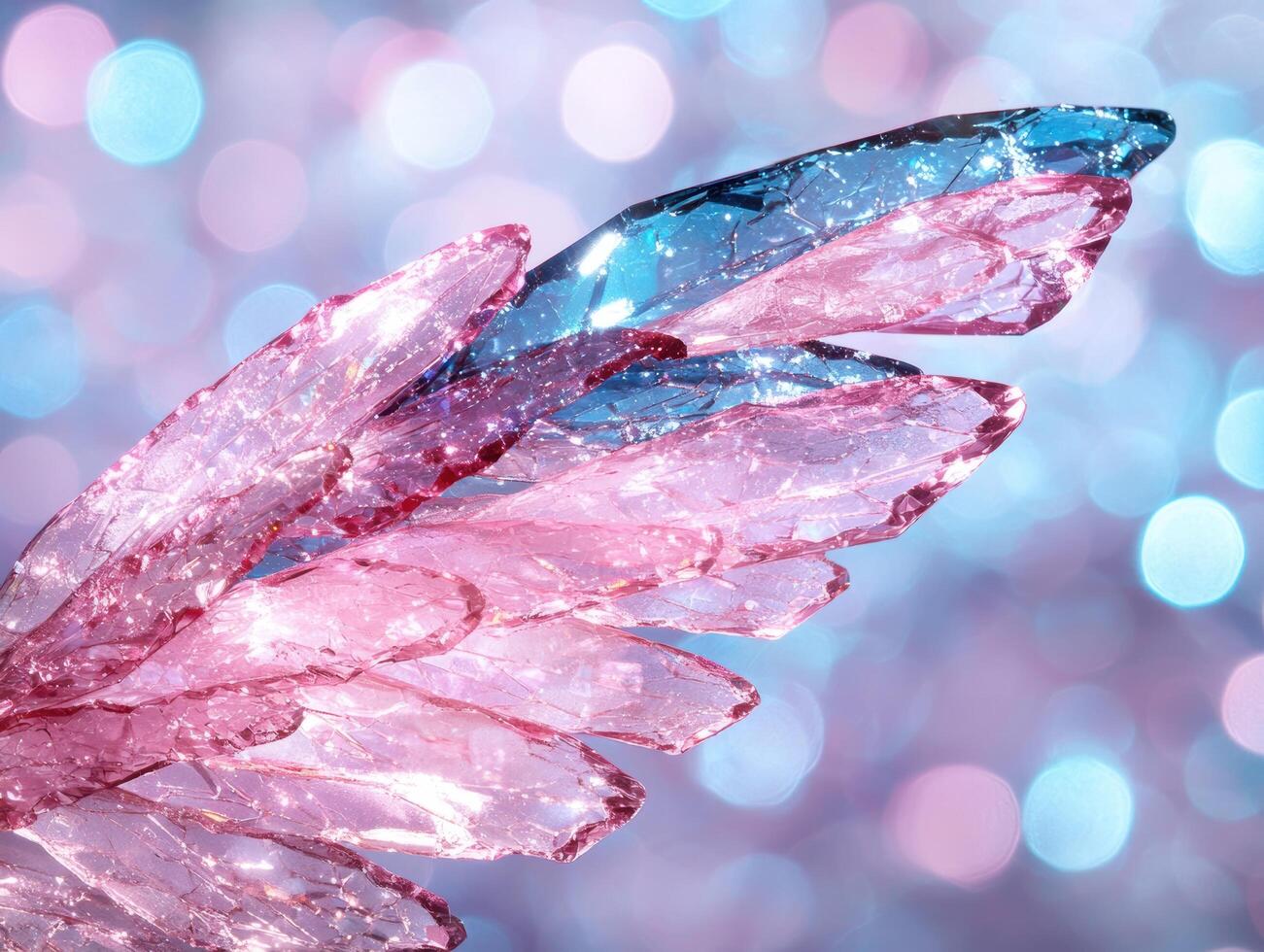 Sparkling pink crystal formation on a blue background photo