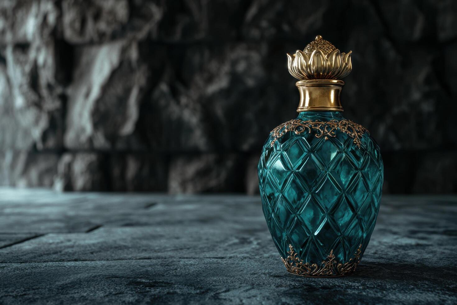 Ornate glass perfume bottle with golden accents photo