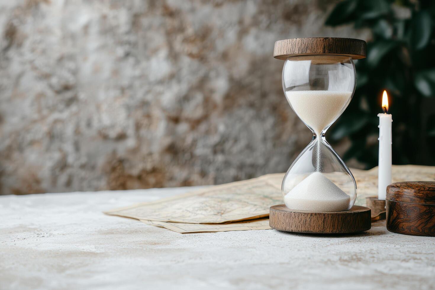 Hourglass with sand timer and burning candle on wooden table photo