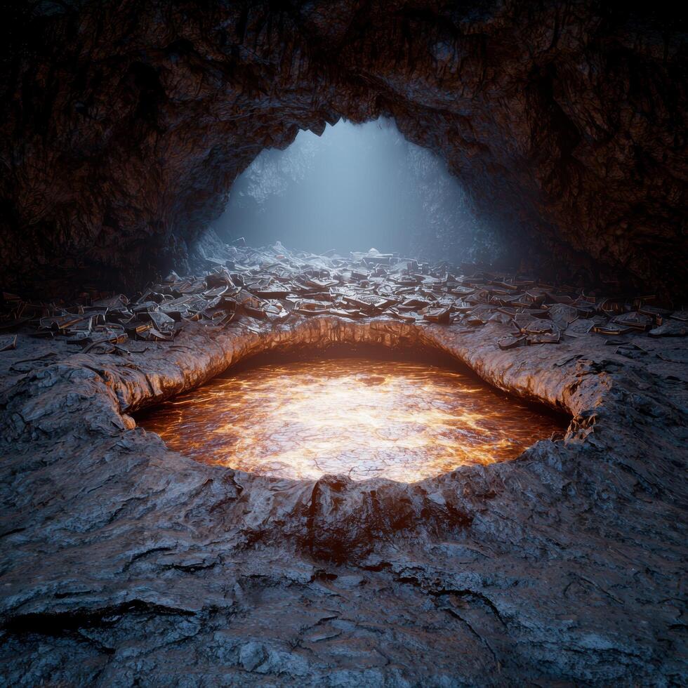 Glowing underground cave with icy stalactites photo