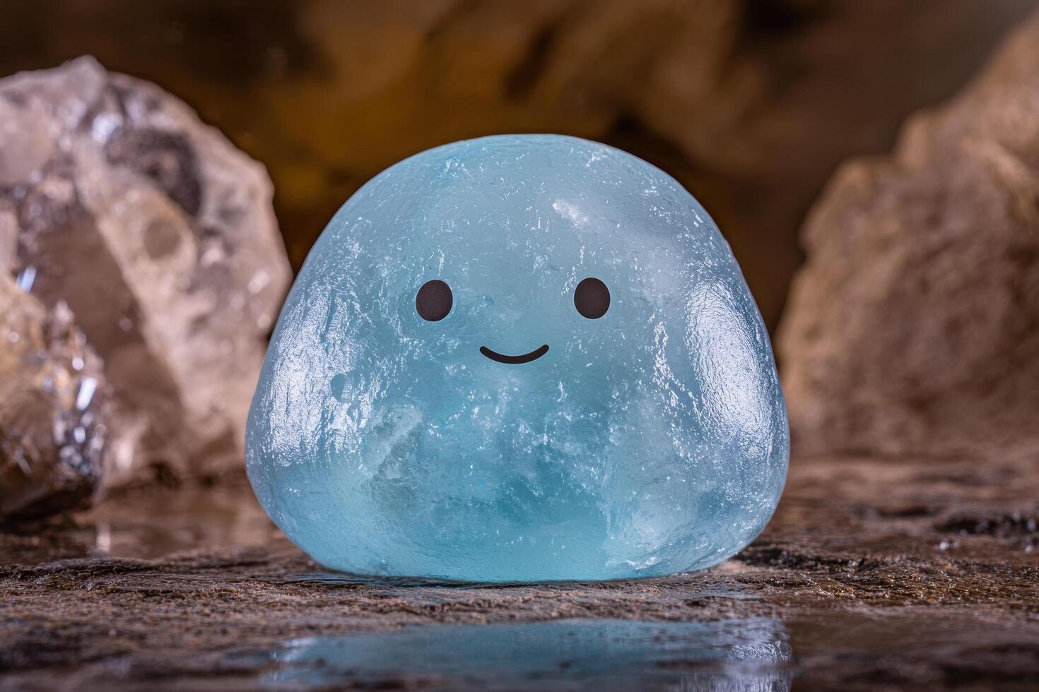 Smiling blue crystal orb on a rocky surface photo