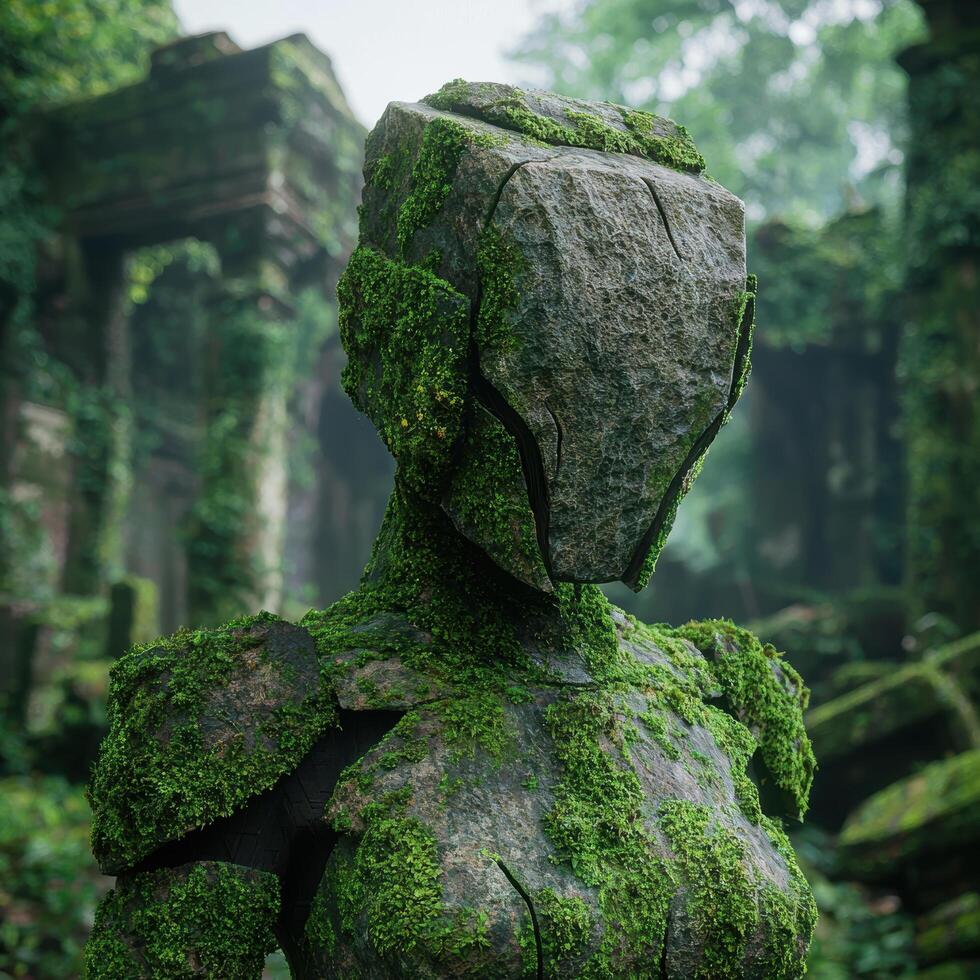 Mossy stone sculpture in lush forest photo