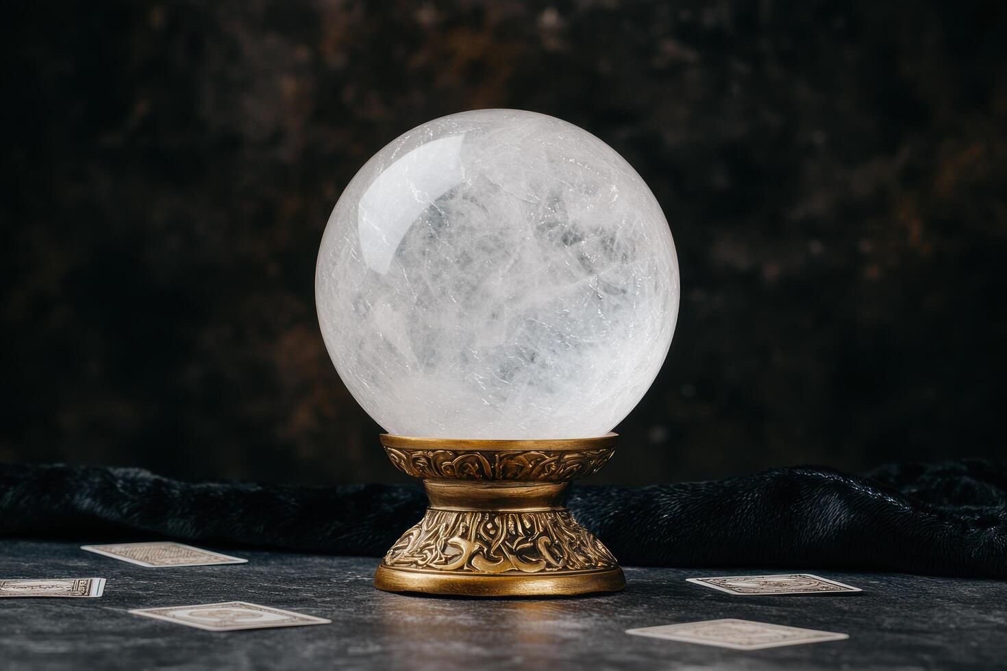 Mystical crystal ball on dark background with tarot cards photo