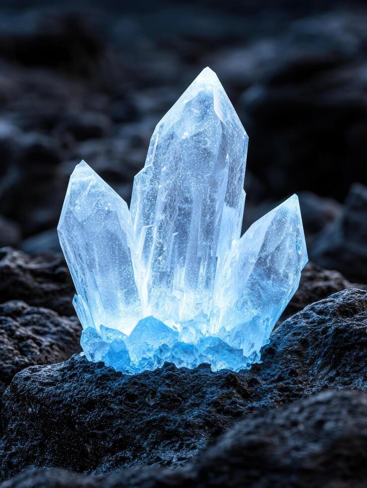 Glowing crystal formation on dark rocks photo