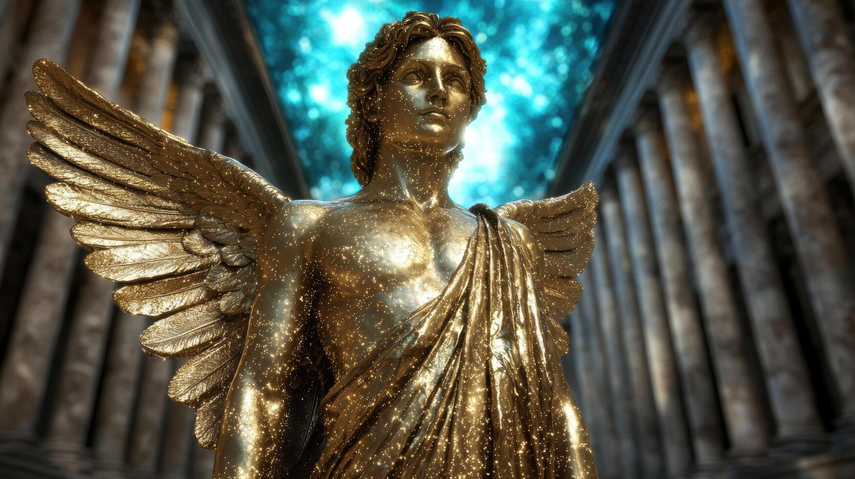 golden winged statue in front of blue sky photo