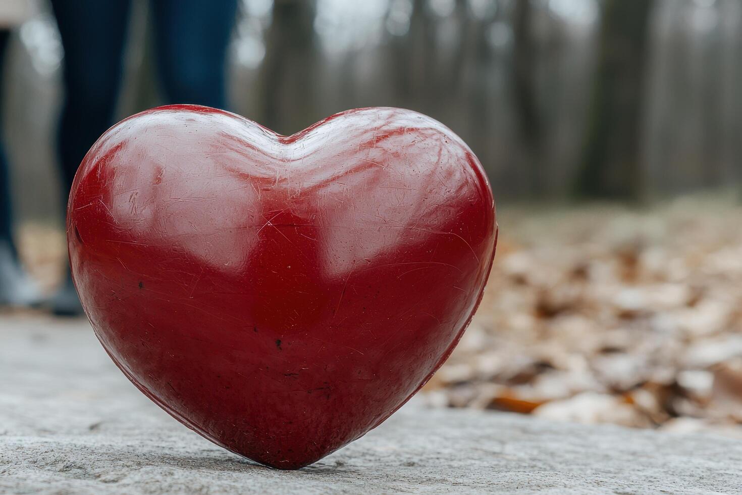 Vibrant red heart shaped object in a snowy forest photo