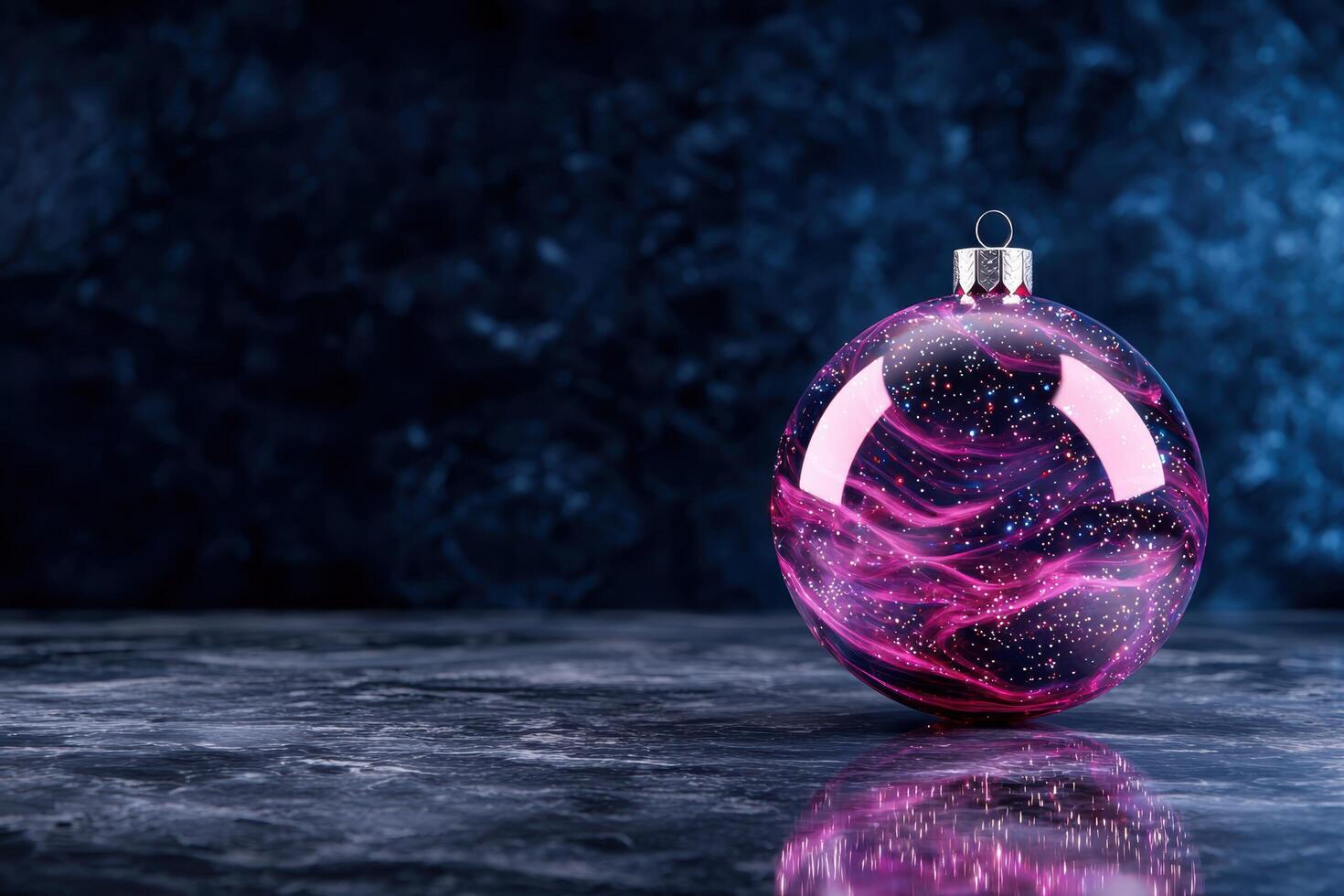 Glowing Christmas ornament on reflective surface photo