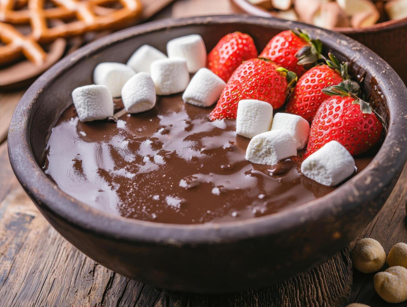 Chocolate fondue with marshmallows and strawberries photo