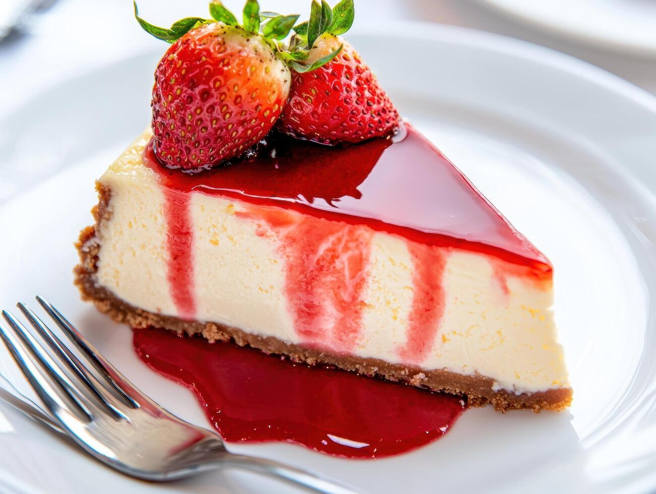 Delicious strawberry cheesecake slice with fresh berries photo