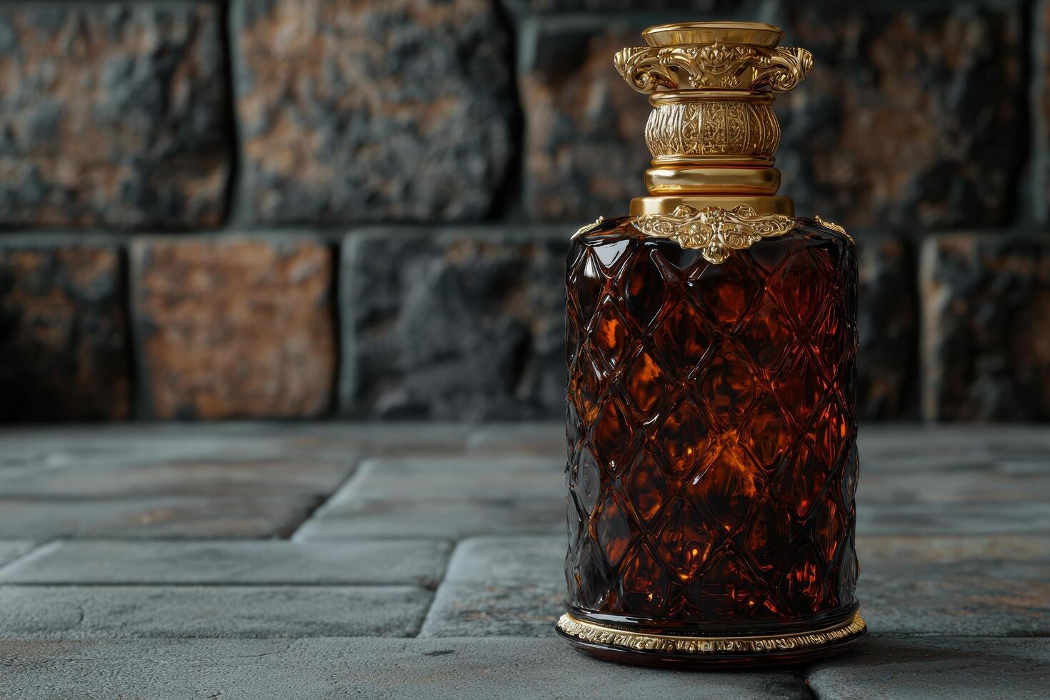Ornate glass bottle with golden cap on stone background photo