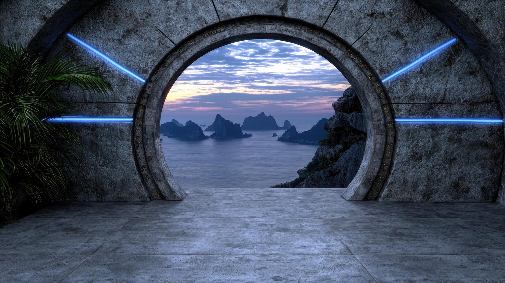 Serene island landscape through arched portal photo