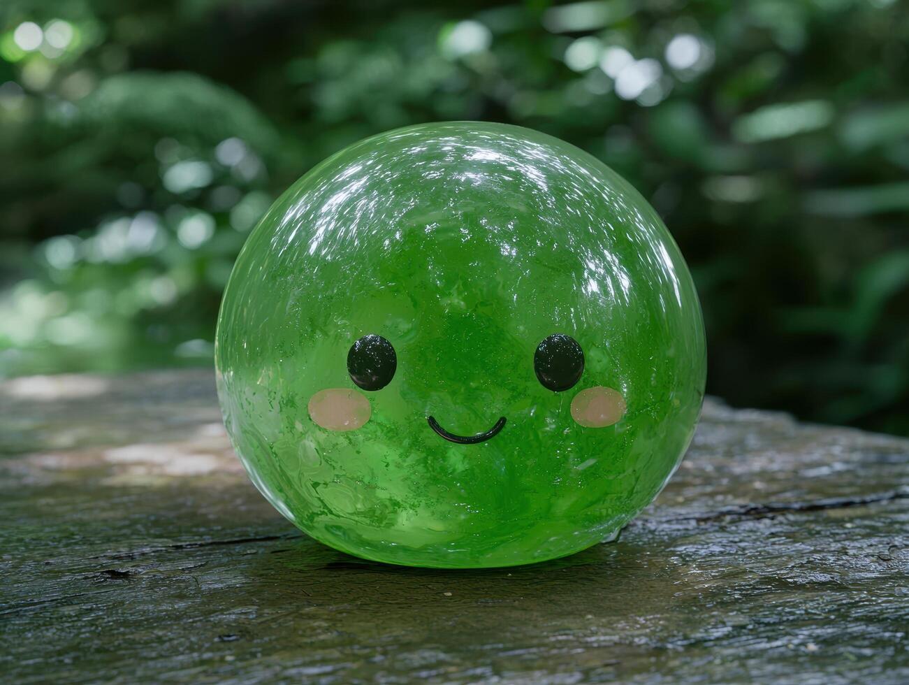 Smiling green glass orb in nature photo