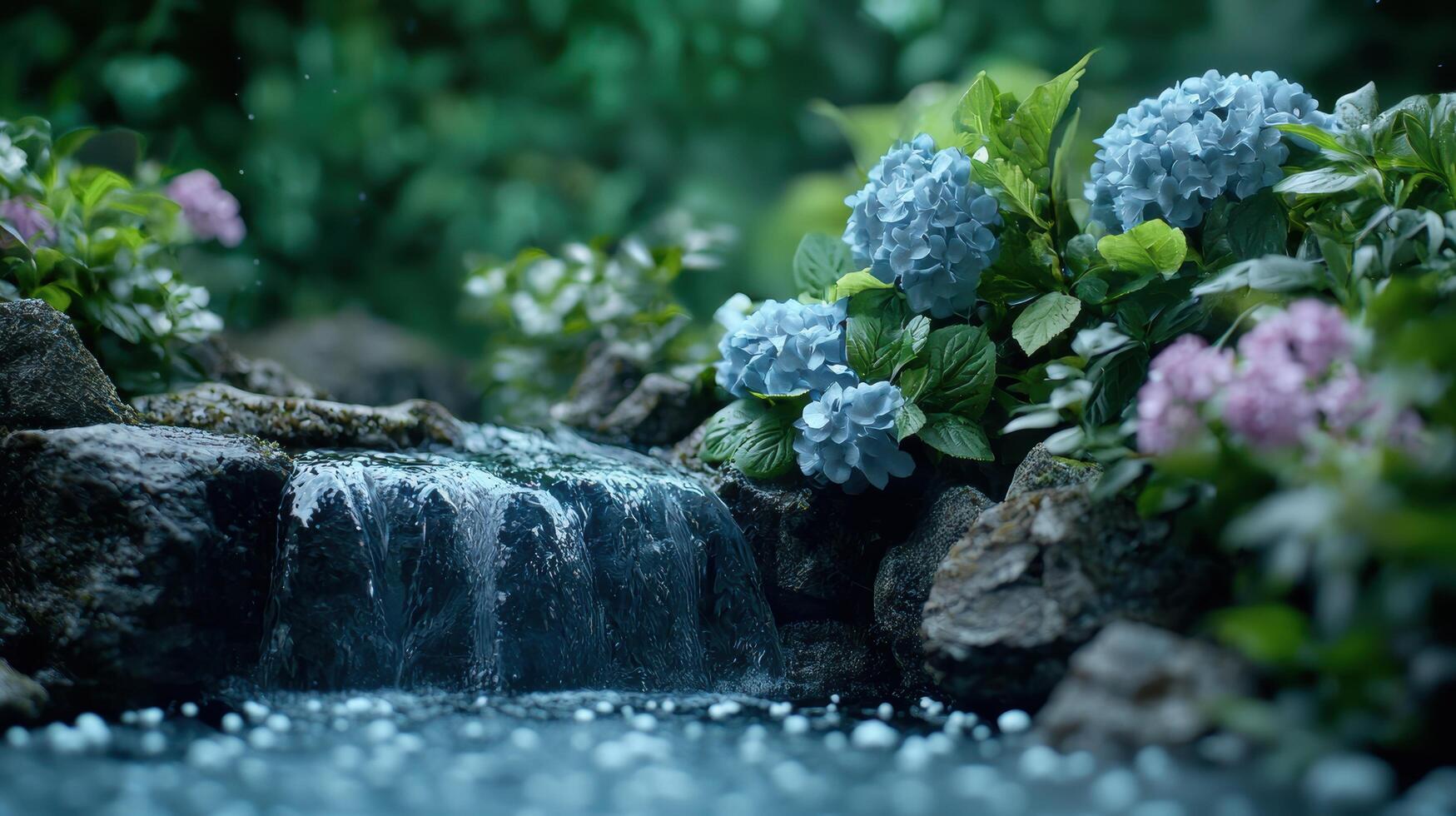 Serene garden waterfall with blooming hydrangeas photo
