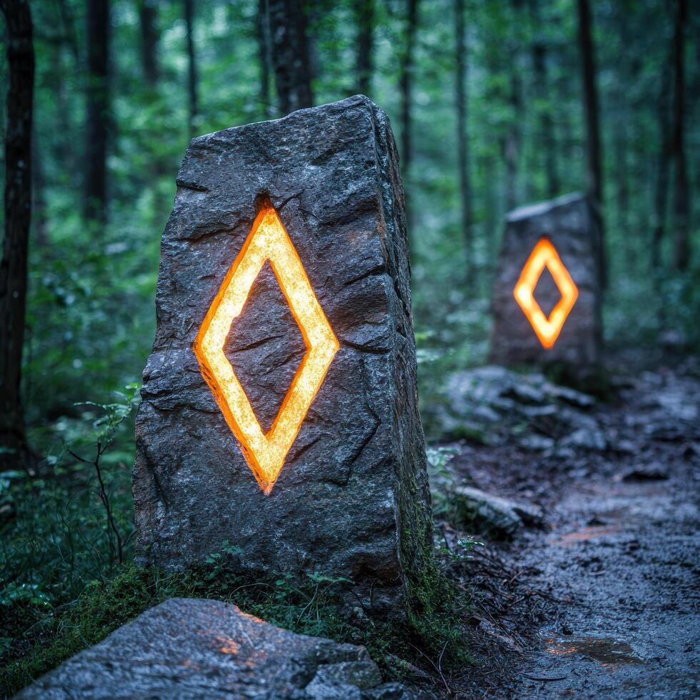Glowing trail markers in a dark forest photo