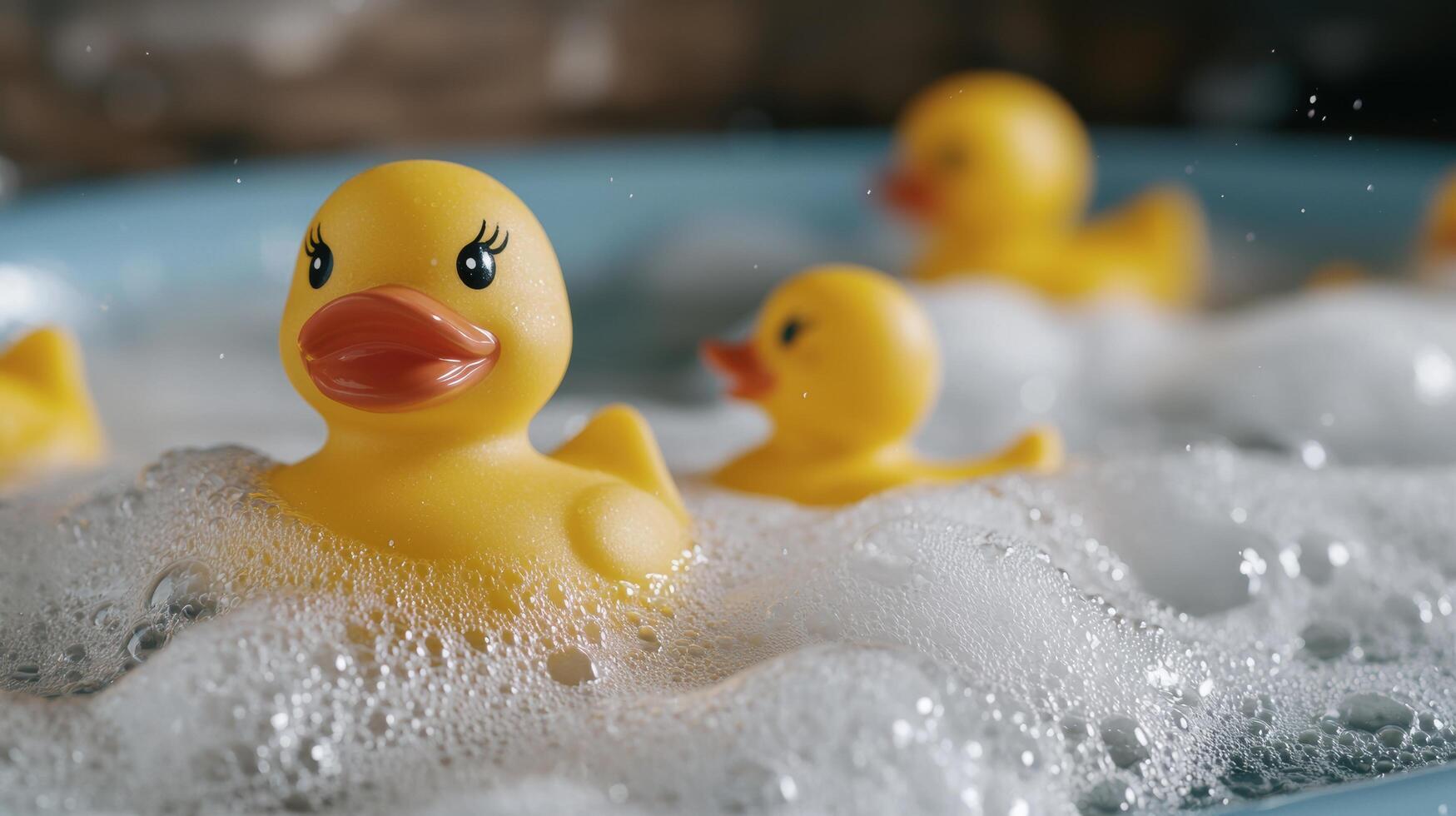 Cute rubber ducks in a bubbly bath photo