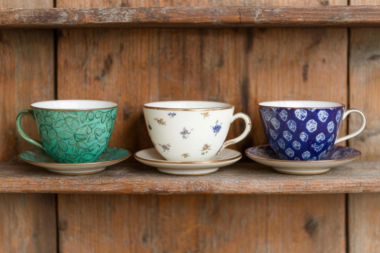 Vintage ceramic teacups on wooden shelf photo