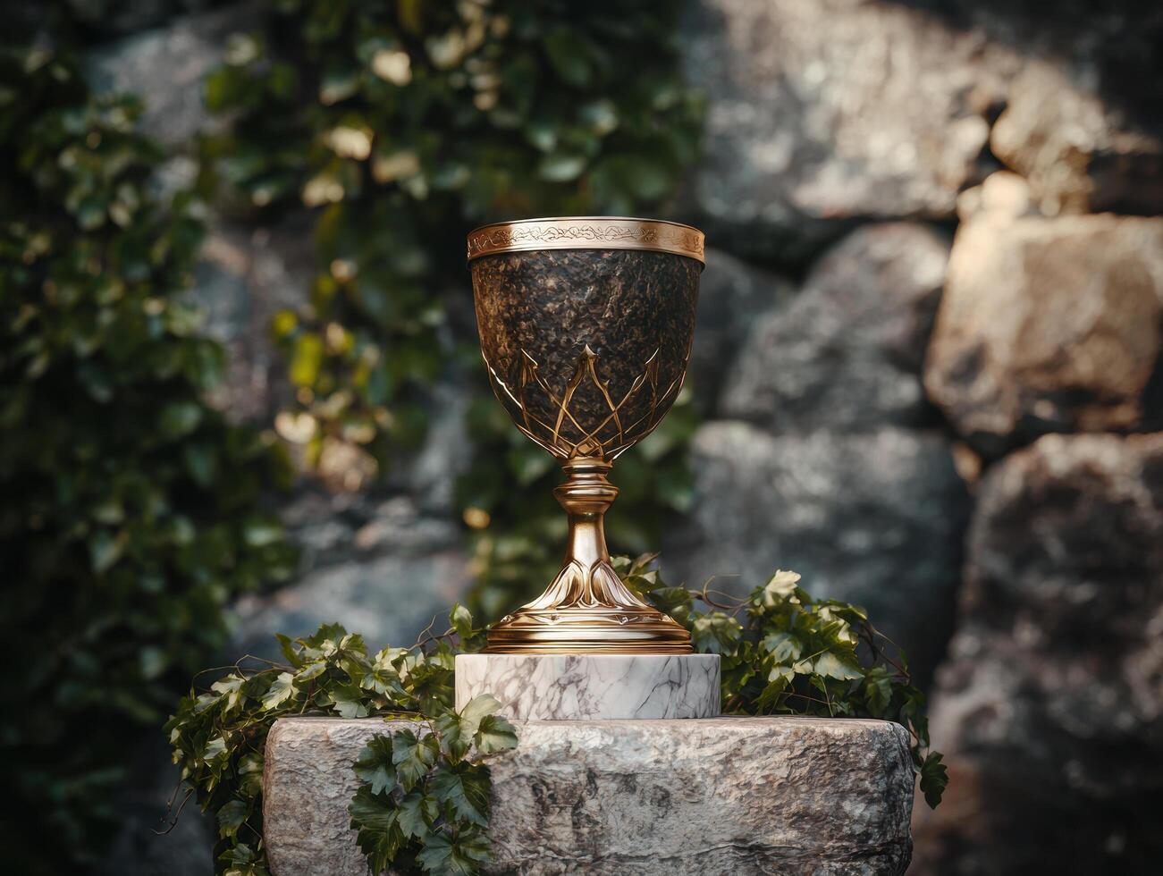 Ornate golden chalice on marble pedestal surrounded by ivy photo