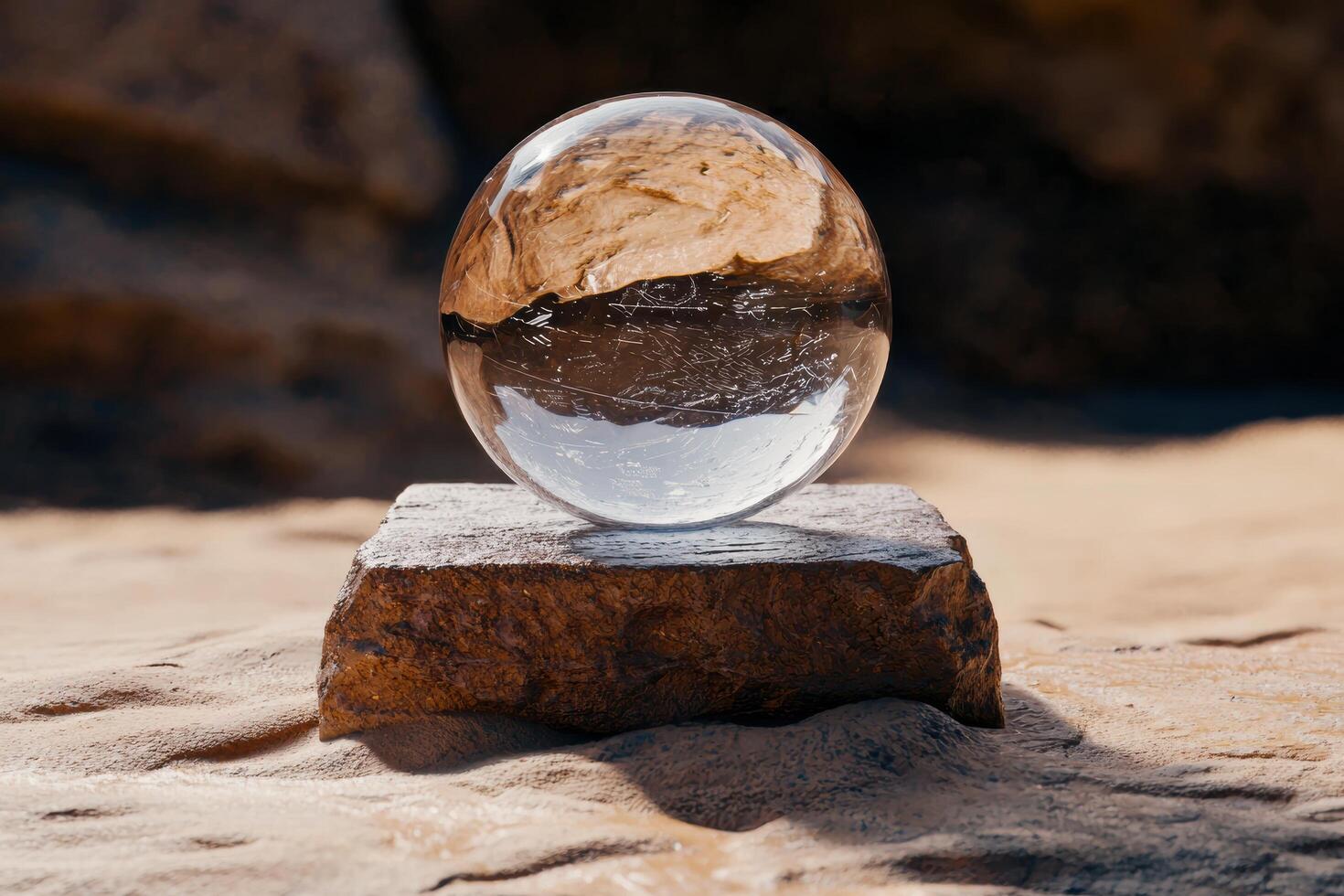 Mysterious glass sphere on rocky surface photo