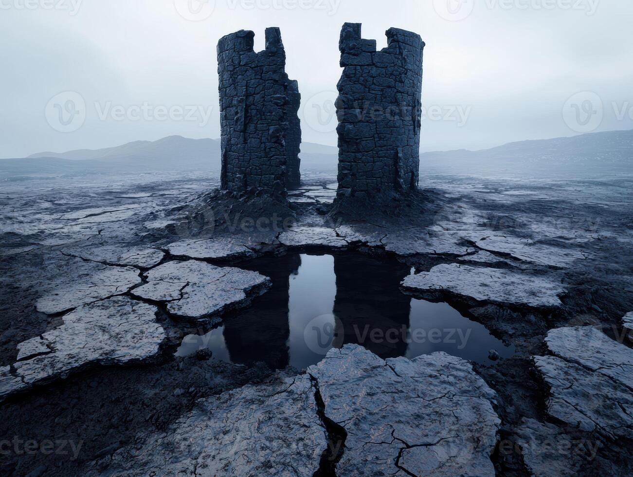 Mysterious stone towers rising from a cracked, reflective surface photo