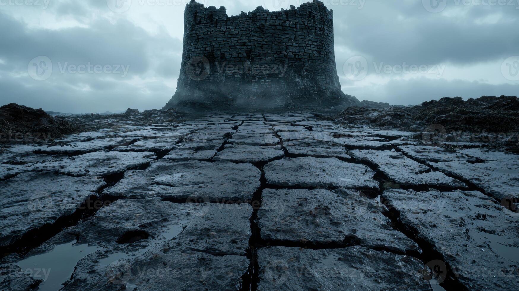 Mysterious castle ruins on rocky coastline photo