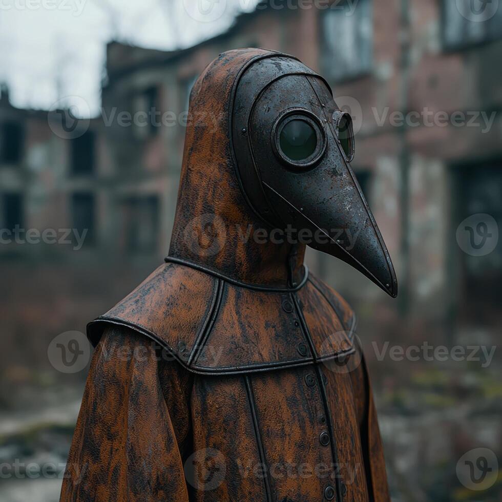 Vintage plague doctor mask in a gloomy setting photo