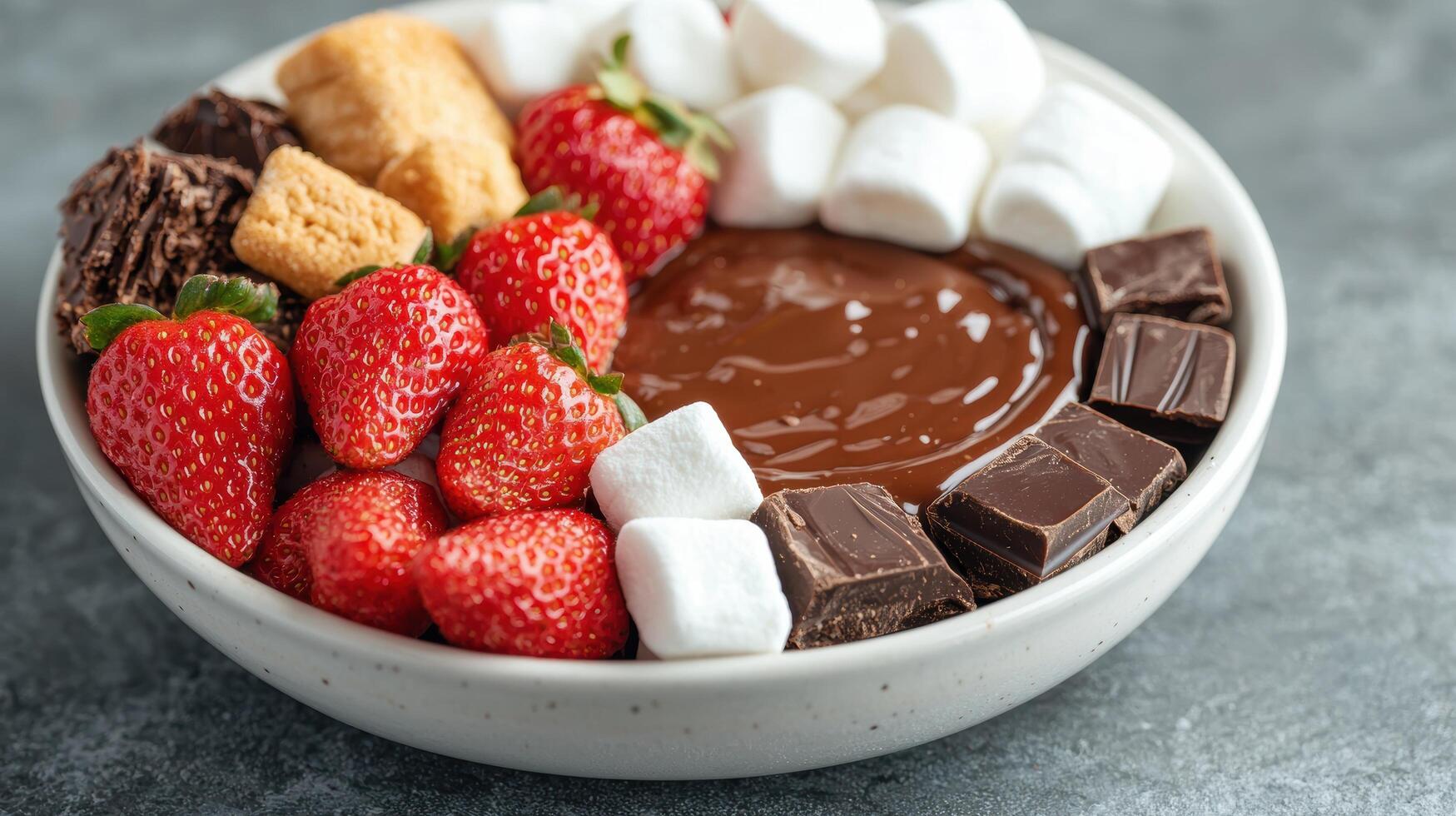 Delicious chocolate fondue with fresh strawberries and marshmallows photo