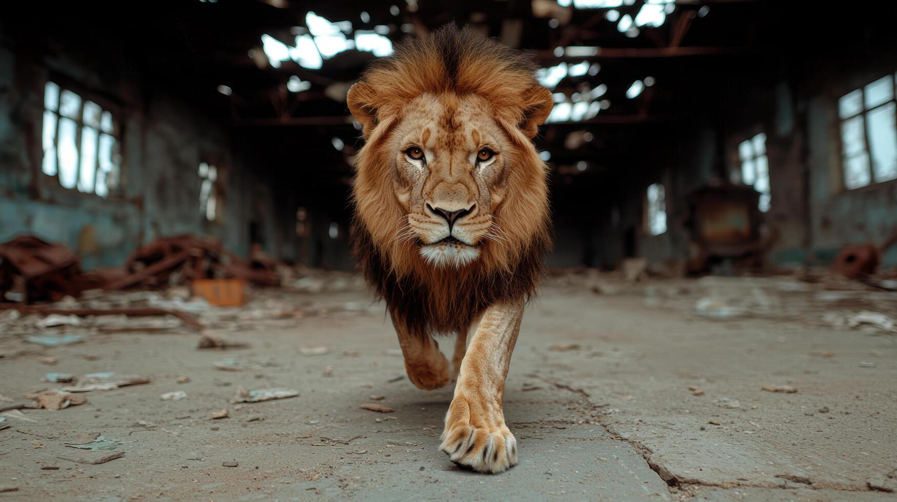 Powerful lion walking in abandoned building photo