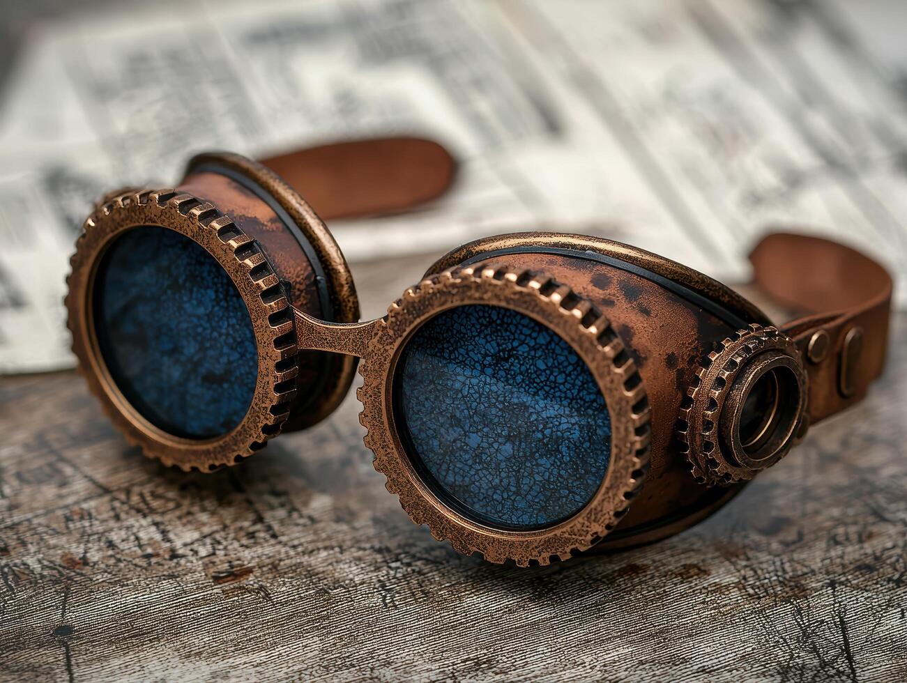 Antique steampunk style goggles with cracked blue lenses photo