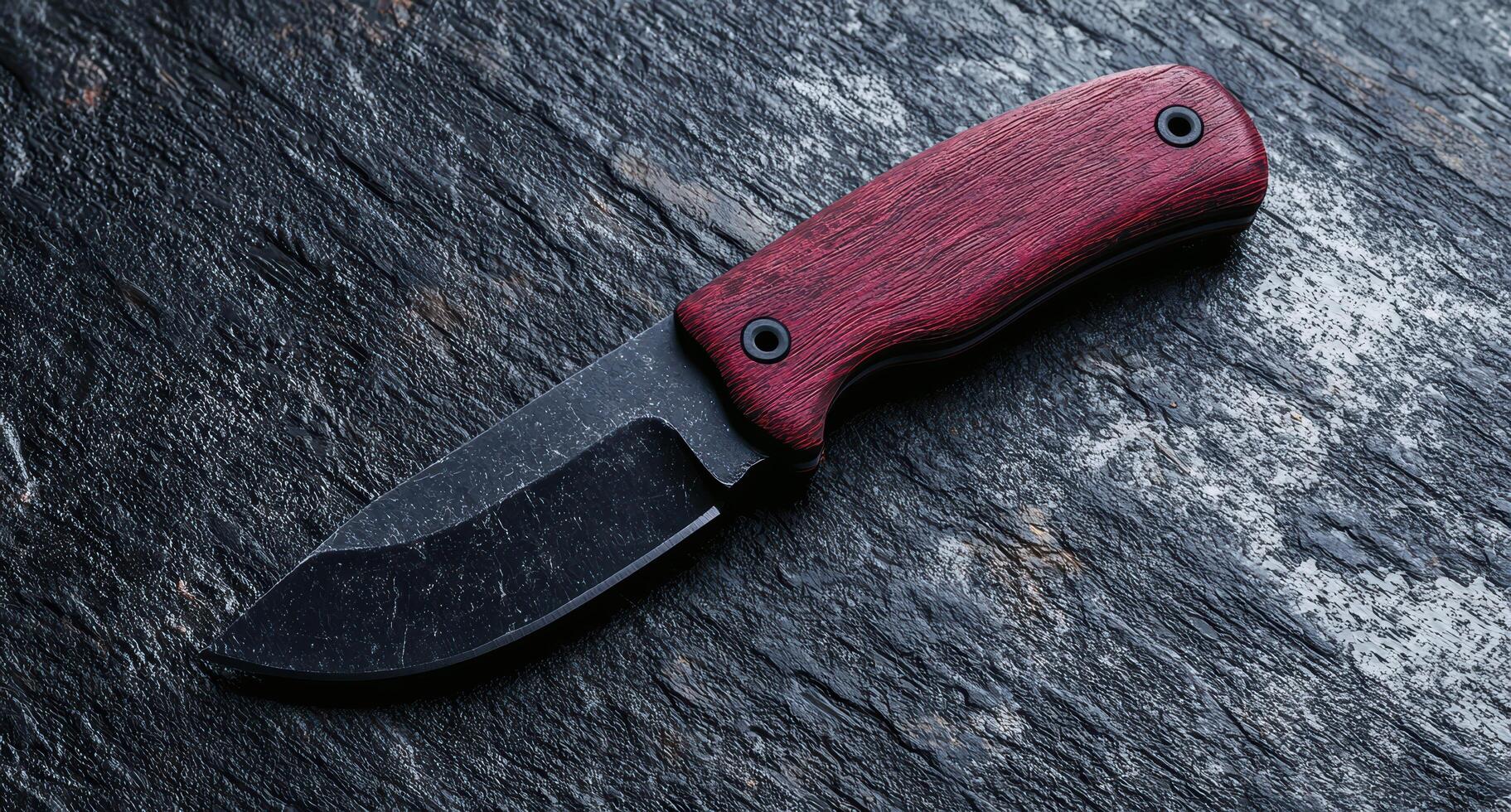 Closeup of a sharp folding knife with a red wooden handle on a dark slate background photo