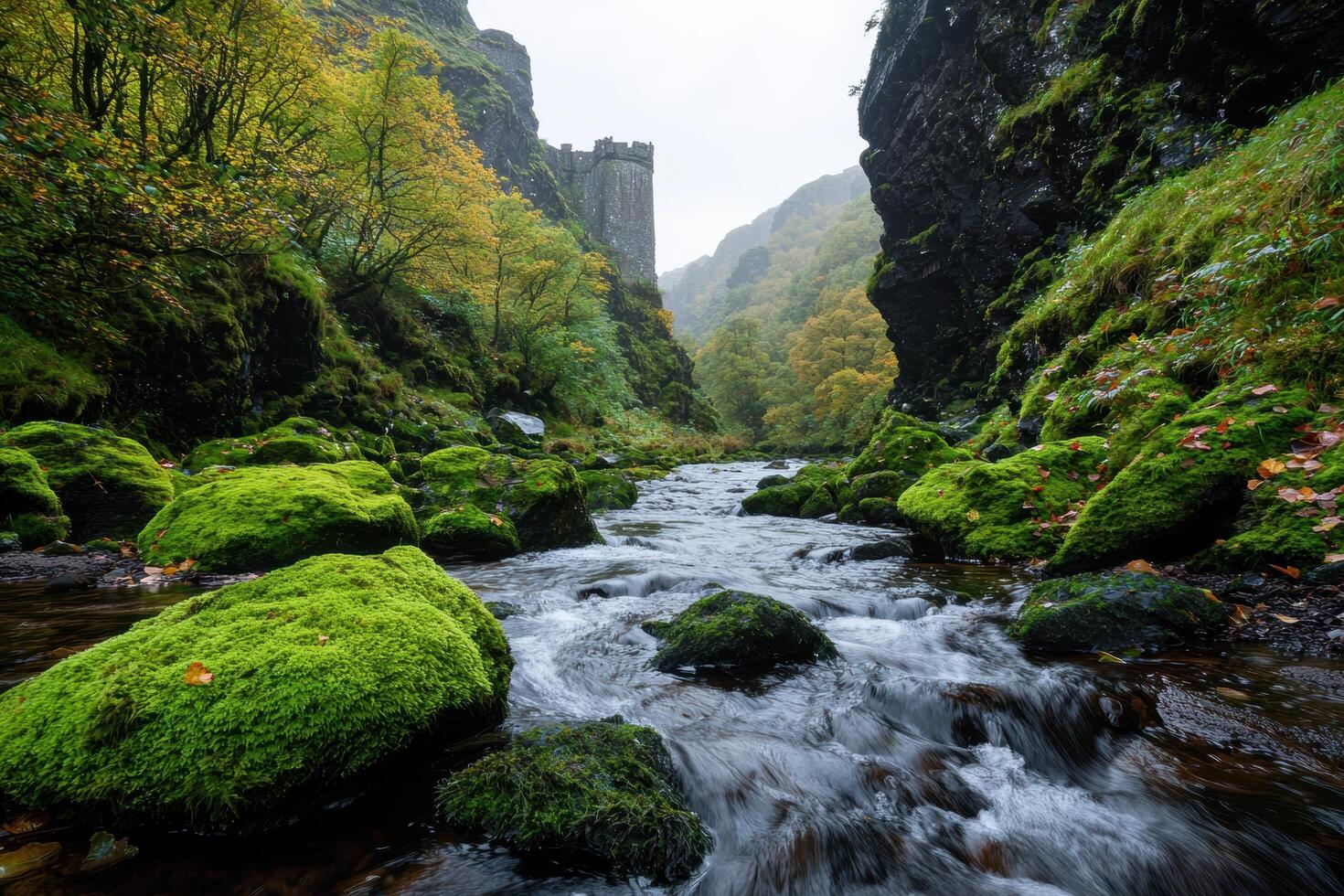 Lush green forest stream and castle photo