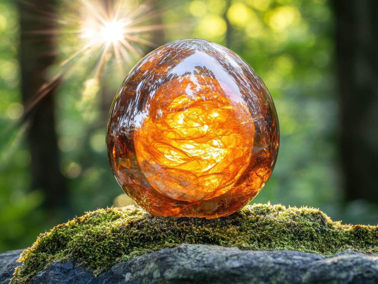 Glowing amber crystal ball in nature photo