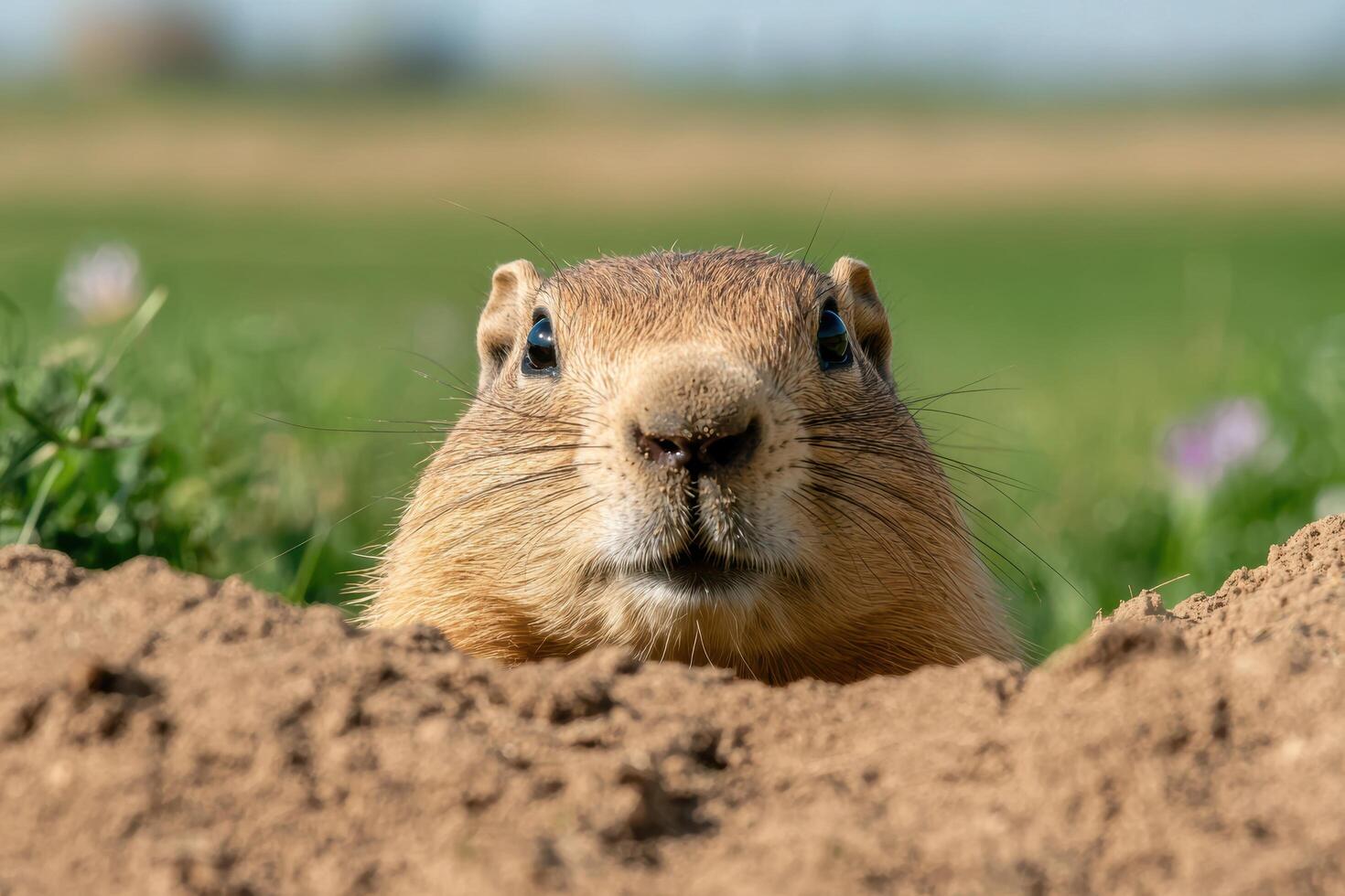Close up of a curious ground squirrel peeking out from its burrow photo