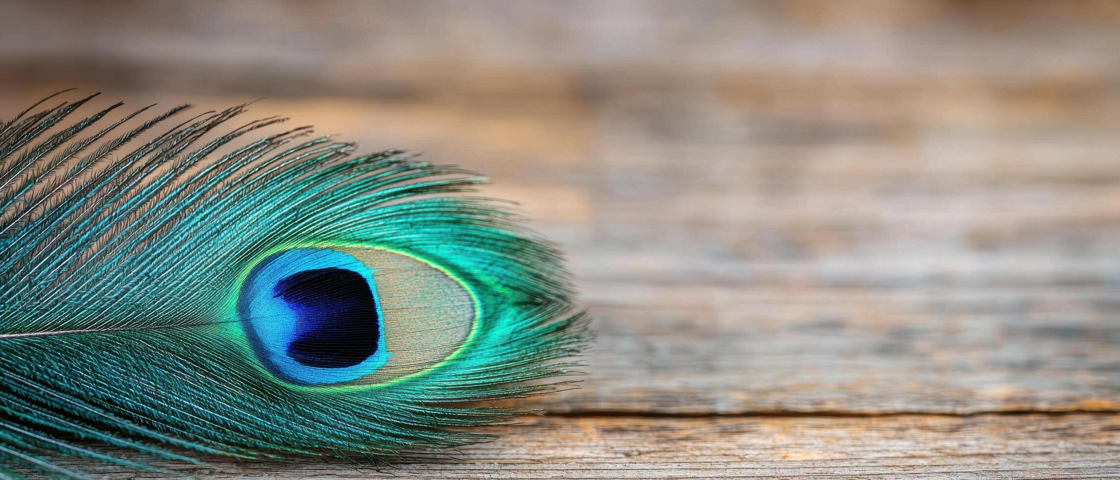 Vibrant peacock feather against blurred background photo