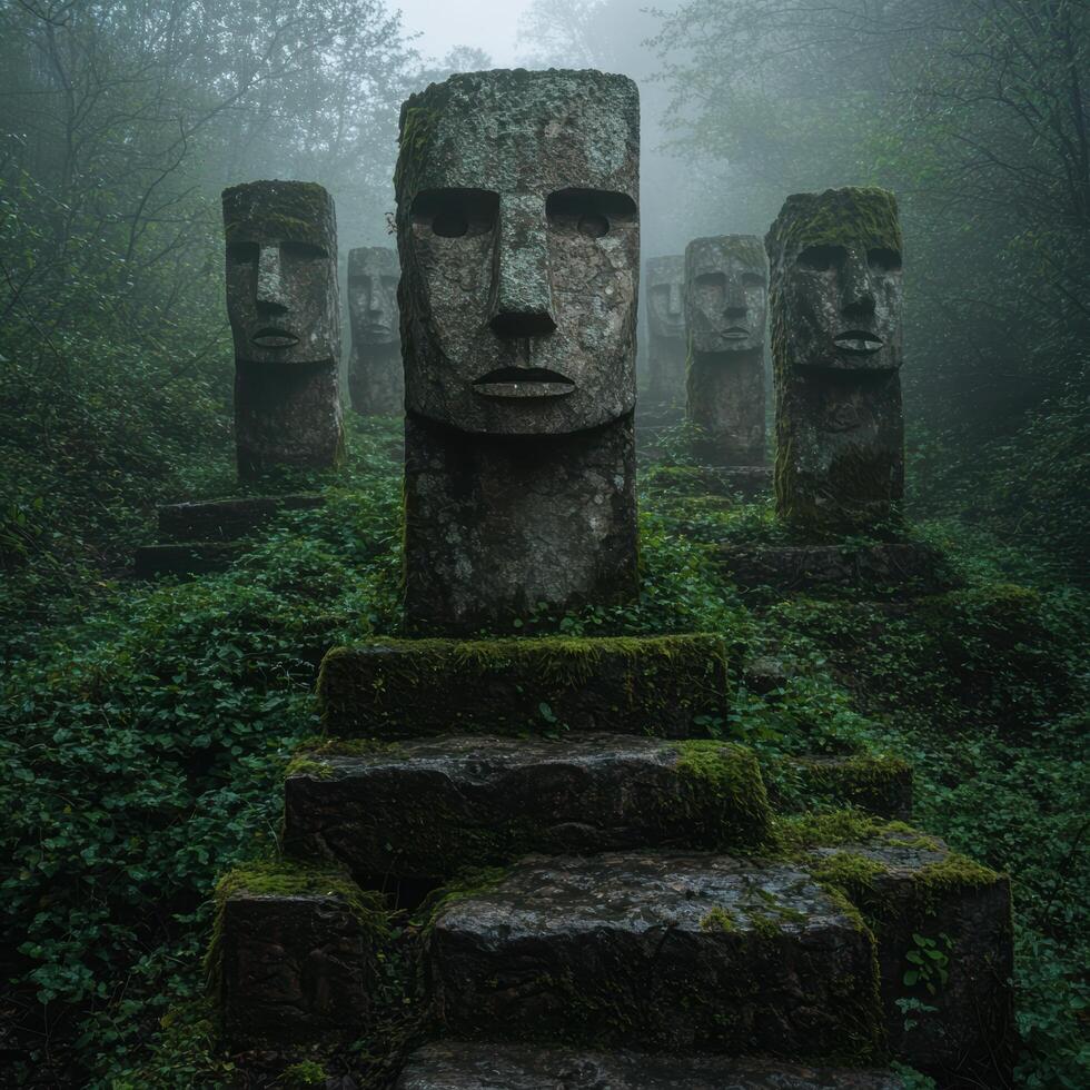 Mysterious moai statues in misty forest photo
