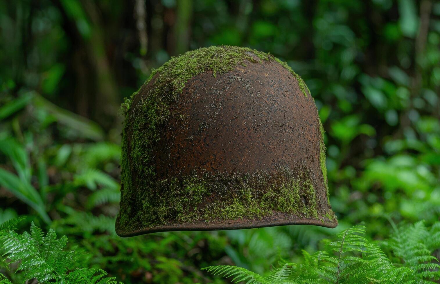 Moss covered helmet in lush forest photo
