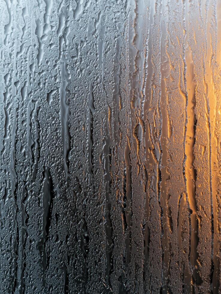 Rainy window with sunset reflection photo