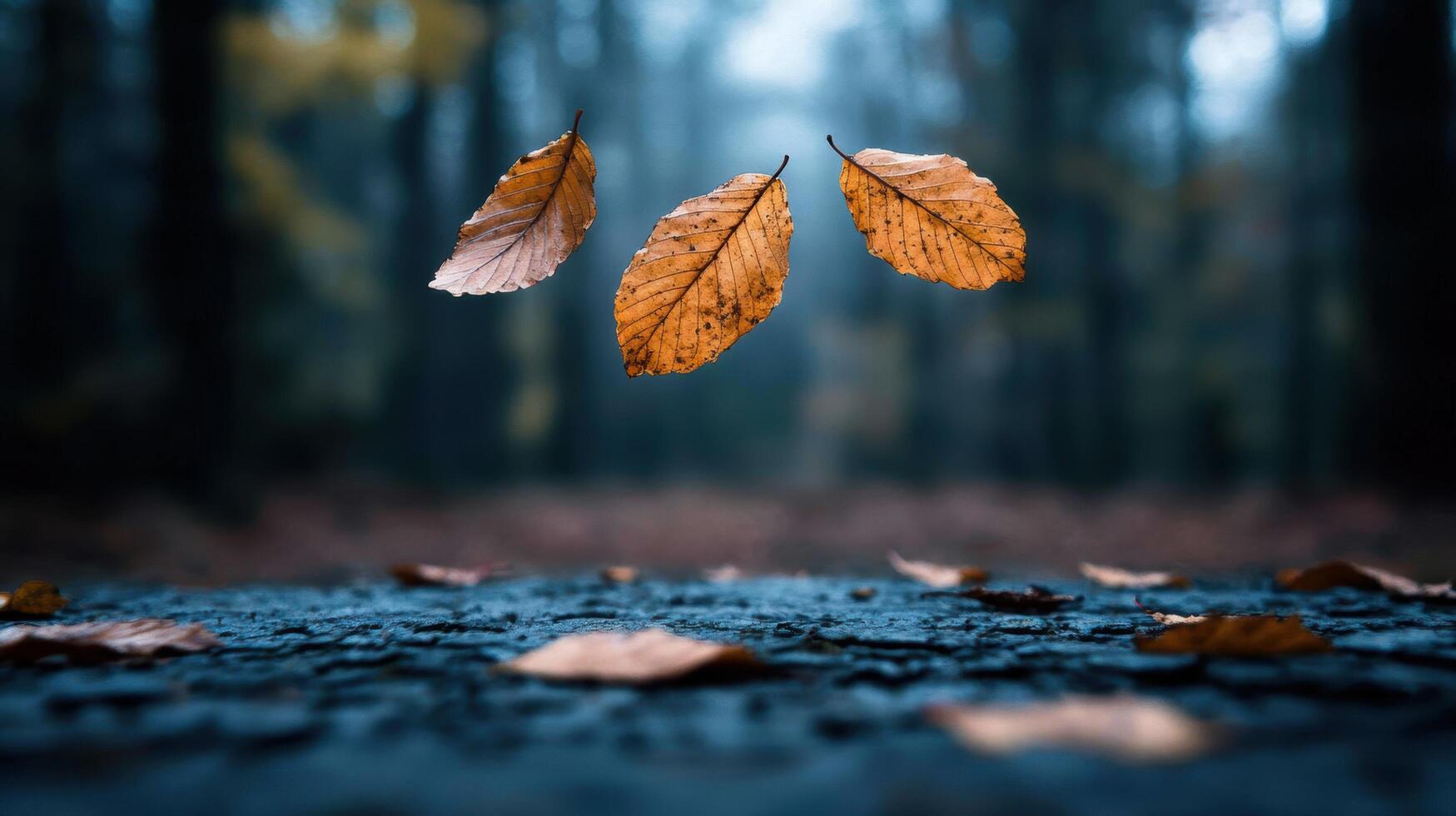 Autumn leaves floating above a wet forest floor photo