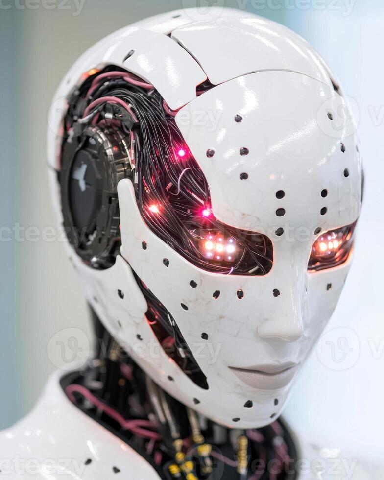Futuristic robot head with glowing red eyes and wires photo